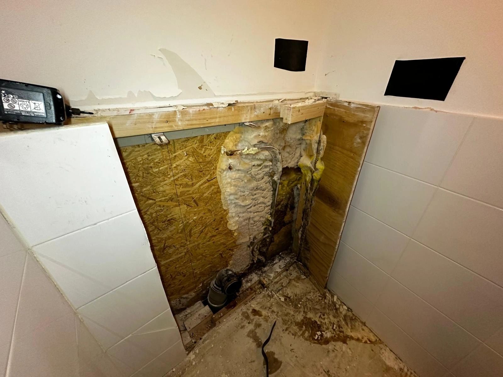 Zwamgroei bij een verborgen lekkage achter een betegelde wand