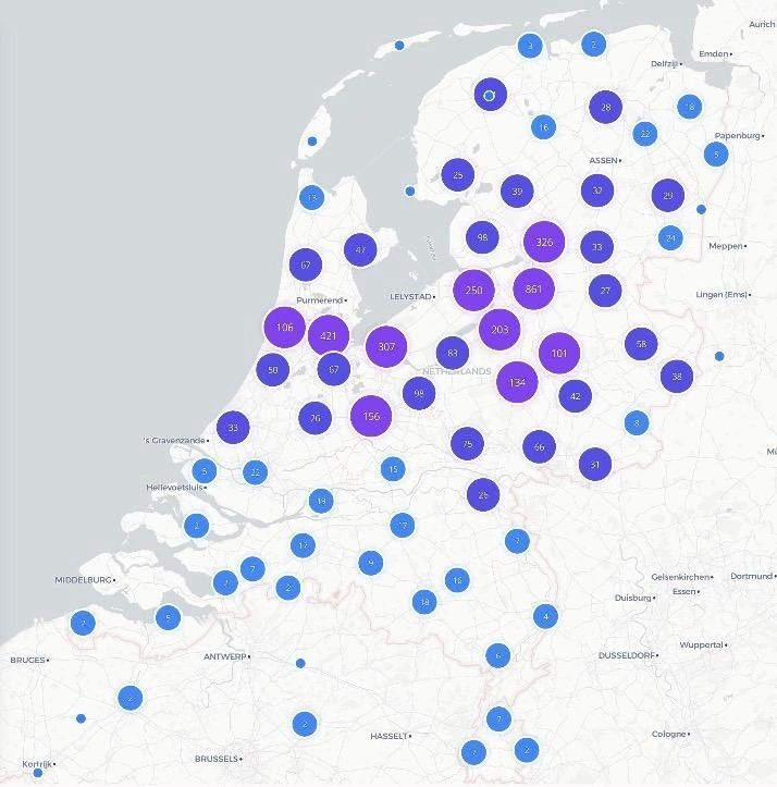 Kaart van Nederland met de spreiding van uitgevoerde opdrachten
